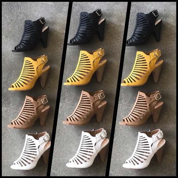 Delicious Tan Caged Strappy Peep Toe Stacked Heel - Picture 5 of 8